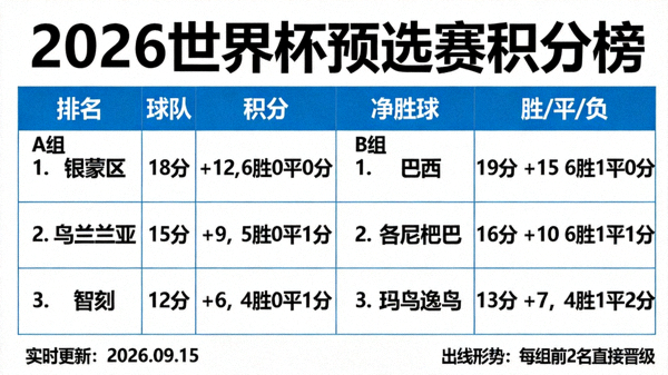 2026世界杯预选赛积分榜：实时更新各小组排名与出线形势，配图展示积分表