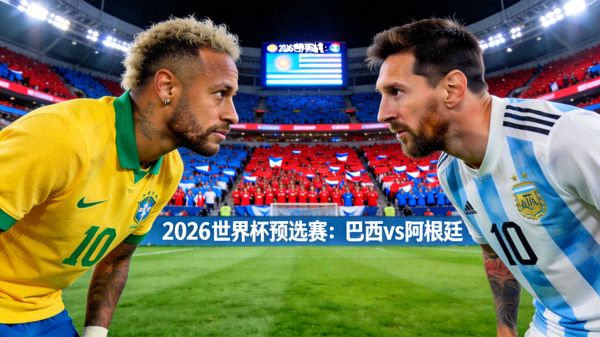 巴西对阵阿根廷的2026世界杯预选赛焦点战前瞻，内马尔与梅西在赛场上对峙，背景为马拉卡纳体育场