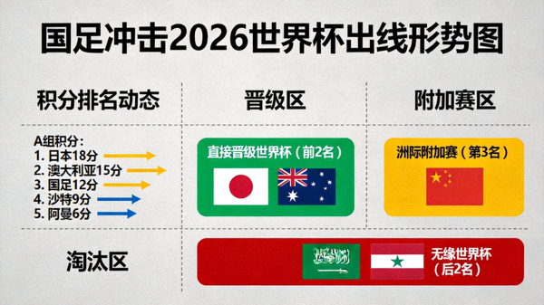 国足冲击2026世界杯出线形势图，显示小组积分排名动态与晋级区、附加赛区、淘汰区的实时变化