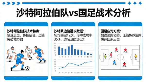 沙特阿拉伯队对阵国足分析图，展示沙特队技术特点、边路进攻数据及国足应对方案