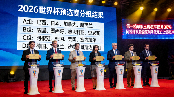 2026世界杯预选赛分组抽签仪式现场，各队代表展示签位，大屏幕显示小组分布，分析分档对出线的直接影响