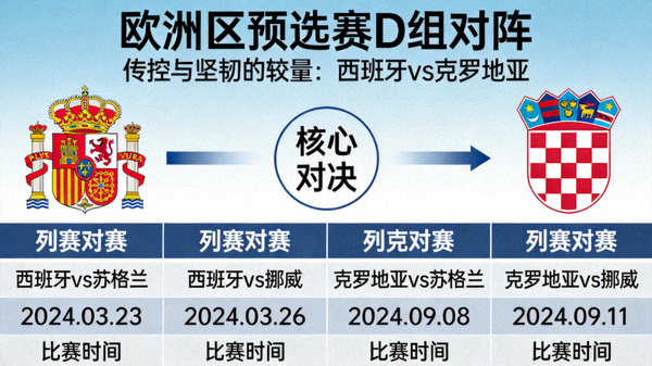 欧洲区预选赛D组对阵：西班牙 vs 克罗地亚 传控与坚韧的较量，小组赛完整对阵