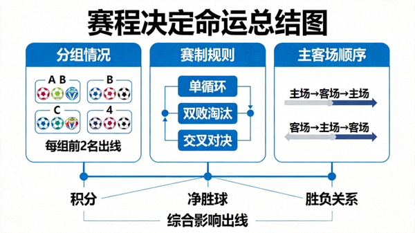 赛程决定命运总结图，显示分组、赛制、主客场顺序等变量对出线的综合影响
