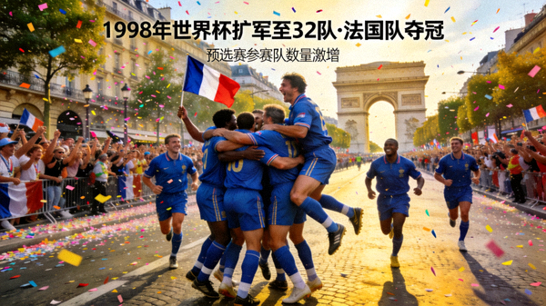 1998年世界杯扩军至32队，预选赛参赛队数量激增，图为法国队夺冠庆祝