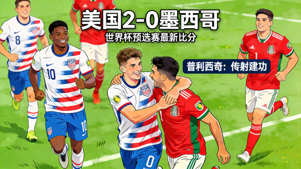 美国对阵墨西哥世界杯预选赛最新比分：美国2-0墨西哥，普利西奇传射配图